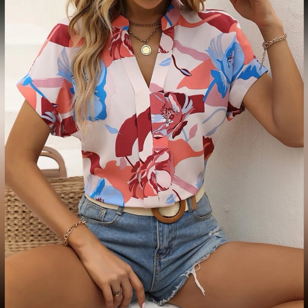 Boho floral print notch neck blouse